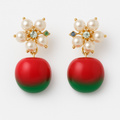 Gold-Plated Pearl Flower Red-Green Drop Earrings